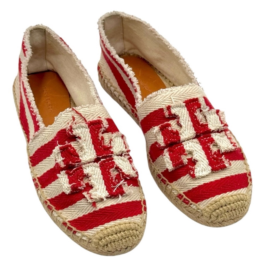 Tory Burch Red And Cream Striped Woven Espadrille Flats